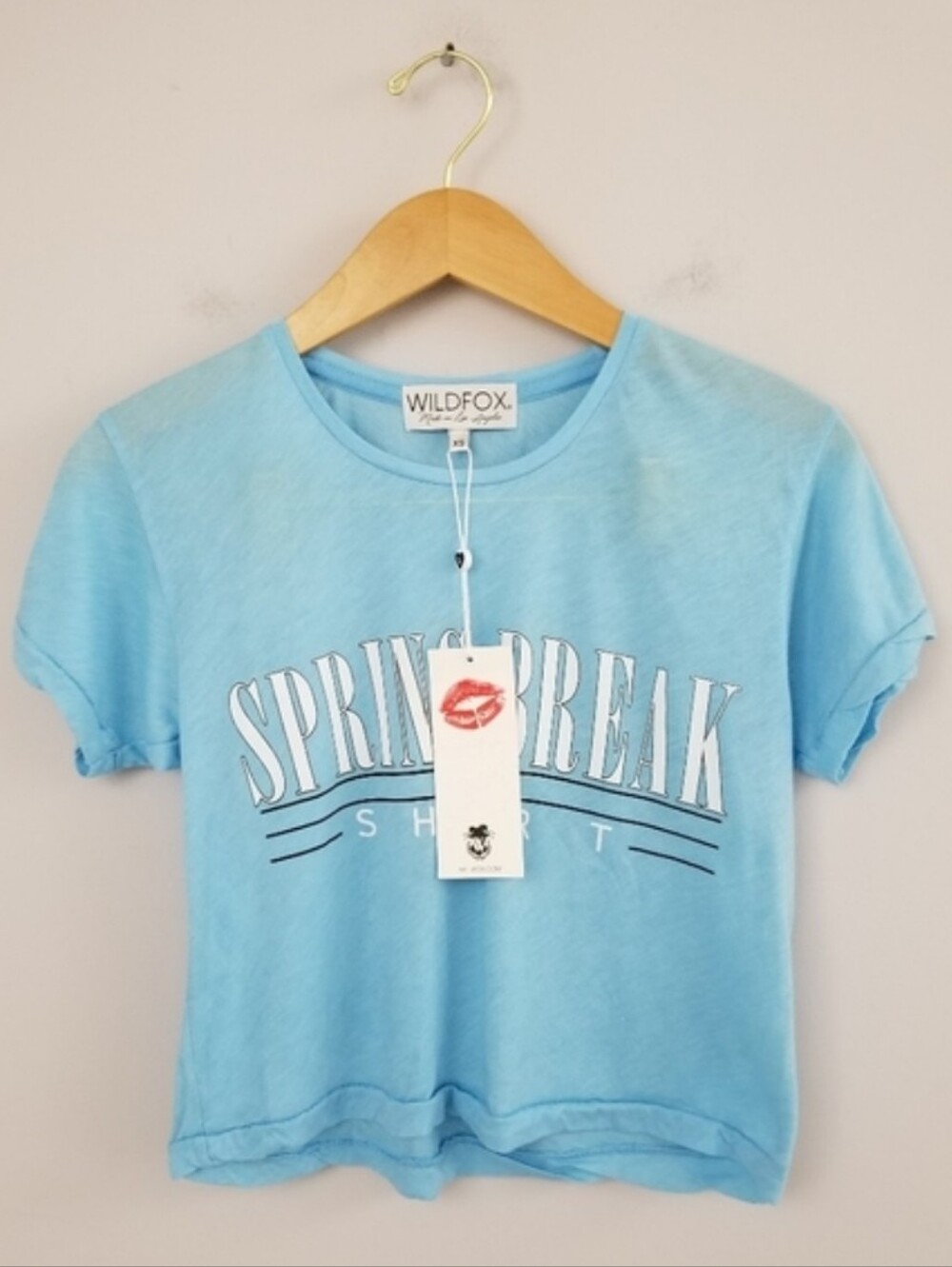 NWT Wildfox Womens Cropped Graphic Spring Break Baby Tee Shirt Sz XS Blue